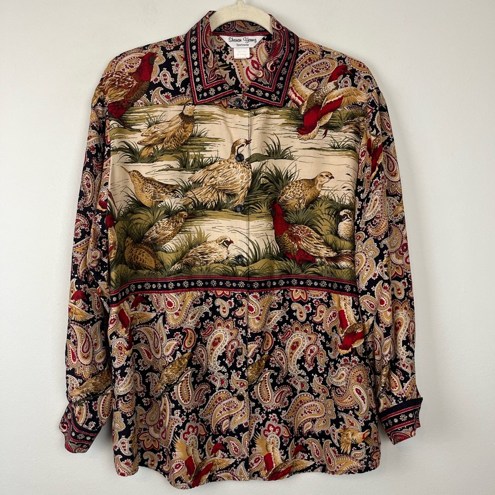 Vintage Sharon Young Sportswear Novelty Print Birds Paisley Button Shirt M/L USA